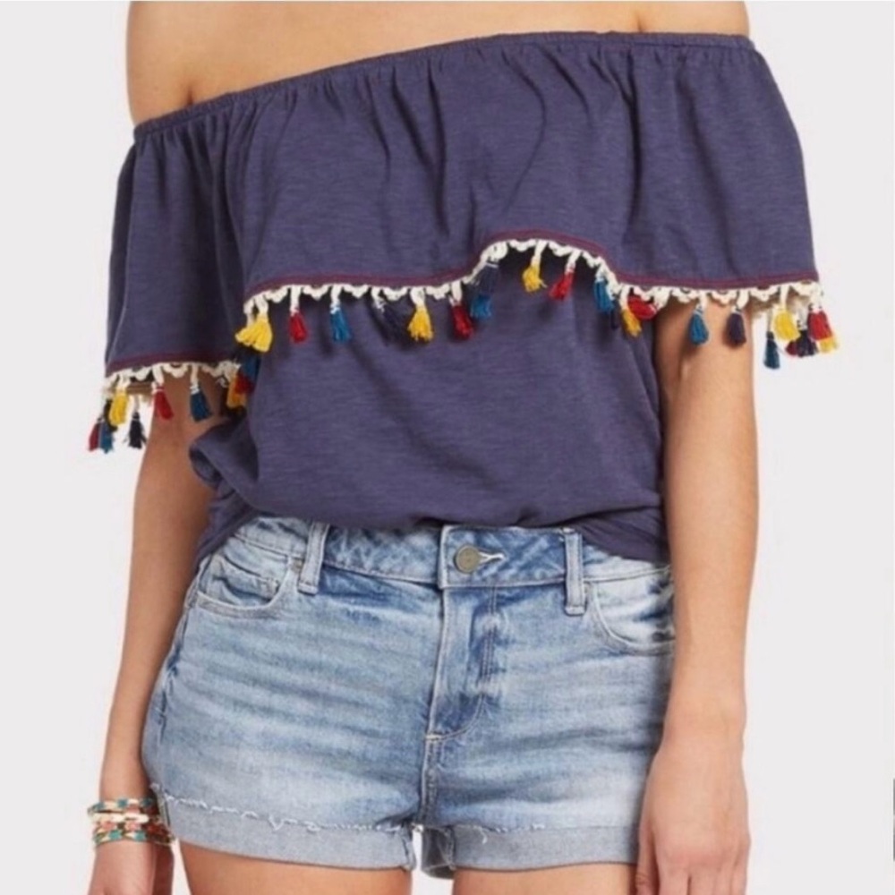 Allison Joy Blue Shirt Off The Shoulder Top Tassel Fringe Ruffle Fiesta Sz XS